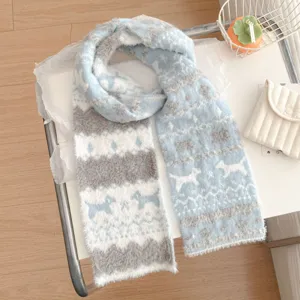 Cozy Fair Isle knitted winter scarf for women, soft fluffy plush warm casual neck wrap style.