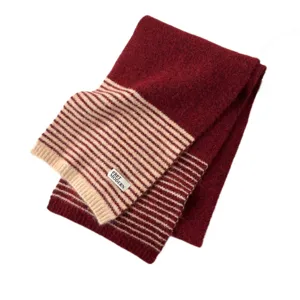 Brown striped knit scarf for women, cozy winter warm thick neckwear, soft stylish accessory.