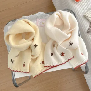Korean Style Sweet Butterfly Embroidery Knitted Scarf Winter Warm Cute Soft Wool Scarf Women Fashion Neck Warmer