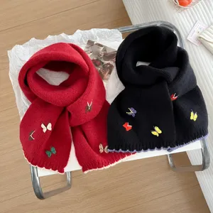 Korean 3D butterfly embroidered knit scarf detail view, cozy winter warm fashion neck wrap.