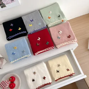 Korean style cute butterfly embroidery knit scarf cozy winter warm winter accessory for women.