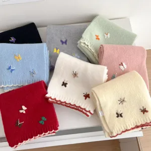 Korean sweet butterfly embroidery knitted scarf autumn winter warm women soft stylish cozy neckerchief