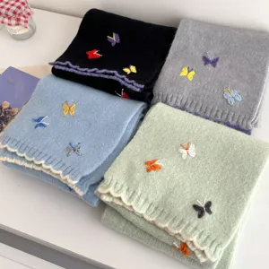 Korean style cute butterfly embroidery knit scarf for women, cozy winter warm fashion neckerchief.