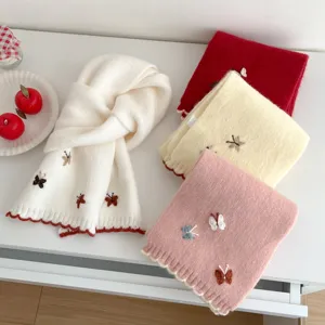Korean style cute knitted scarf with 3D butterfly embroidery, cozy and warm winter accessory.