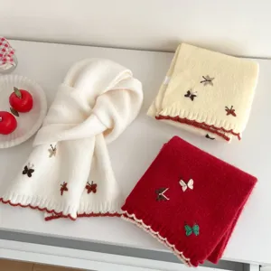 Korean style cute butterfly embroidered knitted scarf soft warm winter neck warmer for women