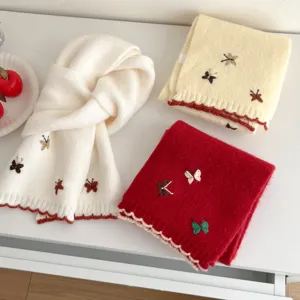 Korean style 3D butterfly embroidered knit scarf winter warm cozy neck warmer for women