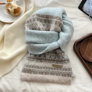 Cozy Fair Isle knitted scarf in green and blue, thick warm winter neck warmer for women and students.