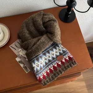 Vintage thick warm winter Fair Isle colorblock knitted scarf, cozy and stylish apparel.