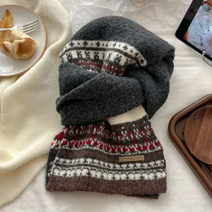 Cozy winter knitted scarf with classic fair isle pattern, thick warm neck wrap for women.
