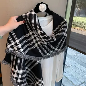 Classic Plaid Scarf For Women Winter Warm Tassel Shawl Versatile Core-Spun Yarn Soft Elegant Long Neck Scarf