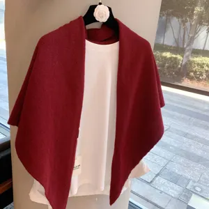 Women 100% Pure Wool Red Triangular Shawl Autumn Winter Versatile Knitted Scarf Cape