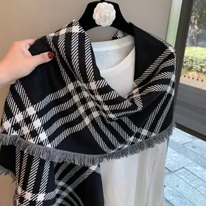Classic black and white plaid scarf winter warm shawl with fringe detail for women cozy styling.