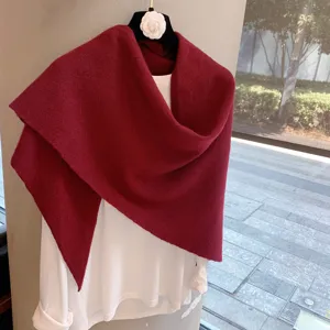 Women's solid dark red knitted shawl winter warm triangular scarf versatile neck warmer.