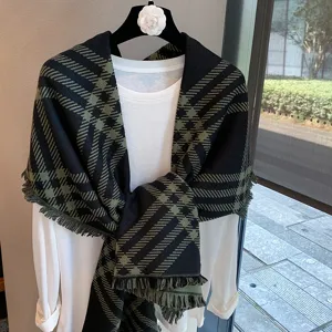 Classic black green plaid knitted scarf with chic fringe detail for women winter warm wrap.