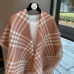 Brown plaid tassel shawl wrap for women winter cozy cape stylish fringe scarf