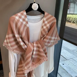 Classic brown and white plaid scarf shawl for women winter warm fringe wrap apparel