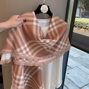 Brown white plaid tassel scarf detail view, elegant winter warm shawl for women style.