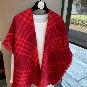 Red plaid cape shawl with fringe winter warm fashion women clothing daily wear detail view