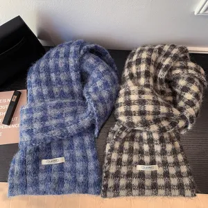 Vintage plaid knitted scarf for women, winter warm thick cozy tassel shawl fashion neck wrap.