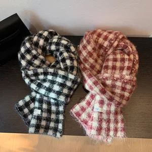 Classic retro checkered knit scarf for women, cozy winter warm woolen plaid neck wrap shawl.