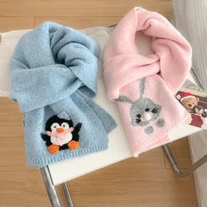 Womens Winter Warm Cross Knit Scarf Cute Cartoon Animal Embroidered Short Neck Warmer Fashion Soft Scarf