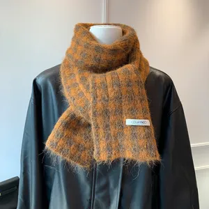 Retro checkered knitted scarf winter warm fuzzy woolen shawl stylish cozy unisex neck wrap