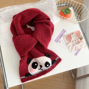 Cozy red knitted winter scarf for women, cute panda cartoon design, soft warm short neckerchief.