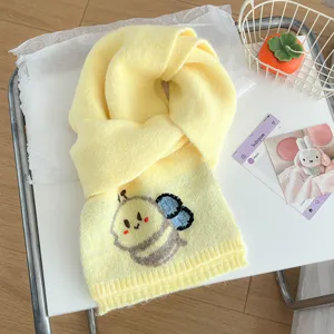Korean cute cartoon bee embroidered knitted cross scarf for women, warm winter short bib style.