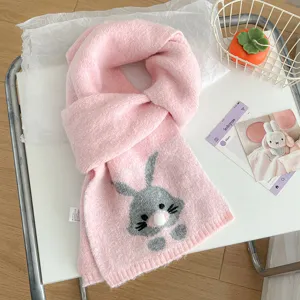 Pink knitted scarf for women autumn winter cute cartoon rabbit short warm winter muffler.