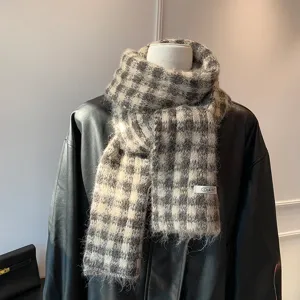 Cozy winter knitted plaid scarf, retro woolen checkered design, warm and versatile neckerchief.