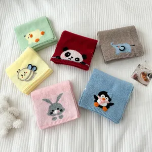 Cute cartoon animal knit scarf featuring cute duck, panda, elephant, bee, rabbit, and penguin.