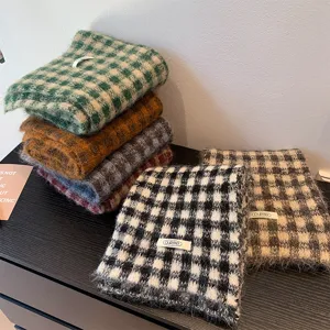 Retro plaid knitted scarf for women, winter warm woolen shawl and cozy neckerchief design.