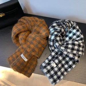 Cozy winter knitted plaid scarf for women, soft warm chunky woolen shawl for cold weather.