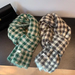 Chic knitted plaid scarf detail, soft winter warm checkered shawl and cozy neck wrap.