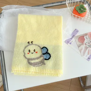 Yellow knitted cross scarf featuring cute embroidered bee detail, short winter warm neck warmer.