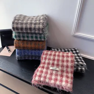 Retro plaid knitted scarf for women, winter warm woolen shawl and cozy couple neckerchief.