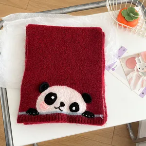 Cozy red knitted winter scarf with cute 3D panda design, warm daily neck warmer for women.