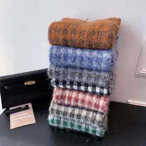 Retro plaid knitted scarf for women, thick warm winter wool shawl and cozy couple neckerchief.
