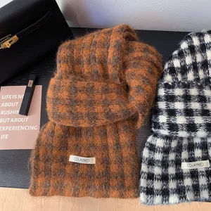 Vintage plaid knitted scarf for winter warm wool shawl soft neckerchief casual style
