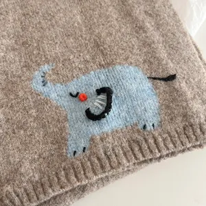 Cute cartoon elephant embroidered knit scarf, warm winter wool neck warmer for women and girls.