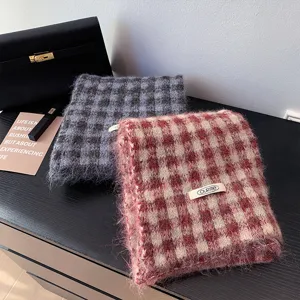 Retro plaid knitted scarf for women, winter fuzzy woolen large shawl, cozy and warm fashion item.