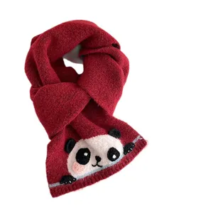Red knitted cross scarf for women, cute winter warm short scarf with panda embroidery.