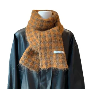 Retro fuzzy plaid knit scarf for women winter warm cozy woolen shawl neckerchief design