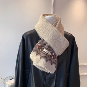 Cozy Fair Isle knit scarf for women, warm winter neckerchief, stylish retro patterned shawl.