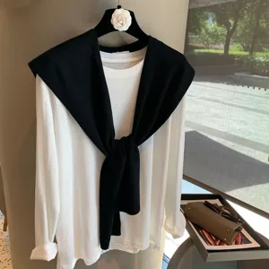 Women casual white long sleeve t-shirt and black knit shawl two piece outfit new style