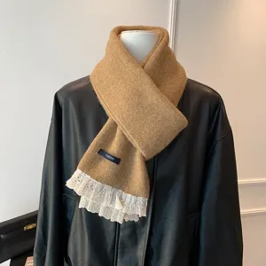 Detailed view of the sweet princess style knit scarf with white lace trim, cozy winter neck warmer.