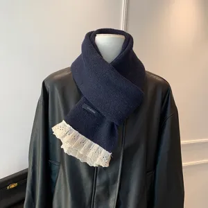Dark blue knit scarf with white lace trim, sweet style winter warm neck wrap accessory.