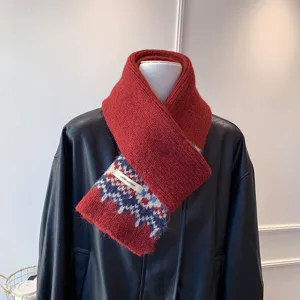 Fair Isle knitted winter scarf for women, thick warm jacquard cozy neckerchief accessory.
