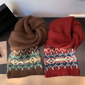 Fair Isle jacquard knitted winter scarf, thick warm cozy retro pattern neck warmer for women.