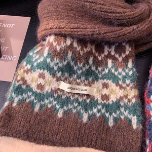 Fair Isle knitted scarf for women, cozy winter warm neckerchief with retro jacquard design.